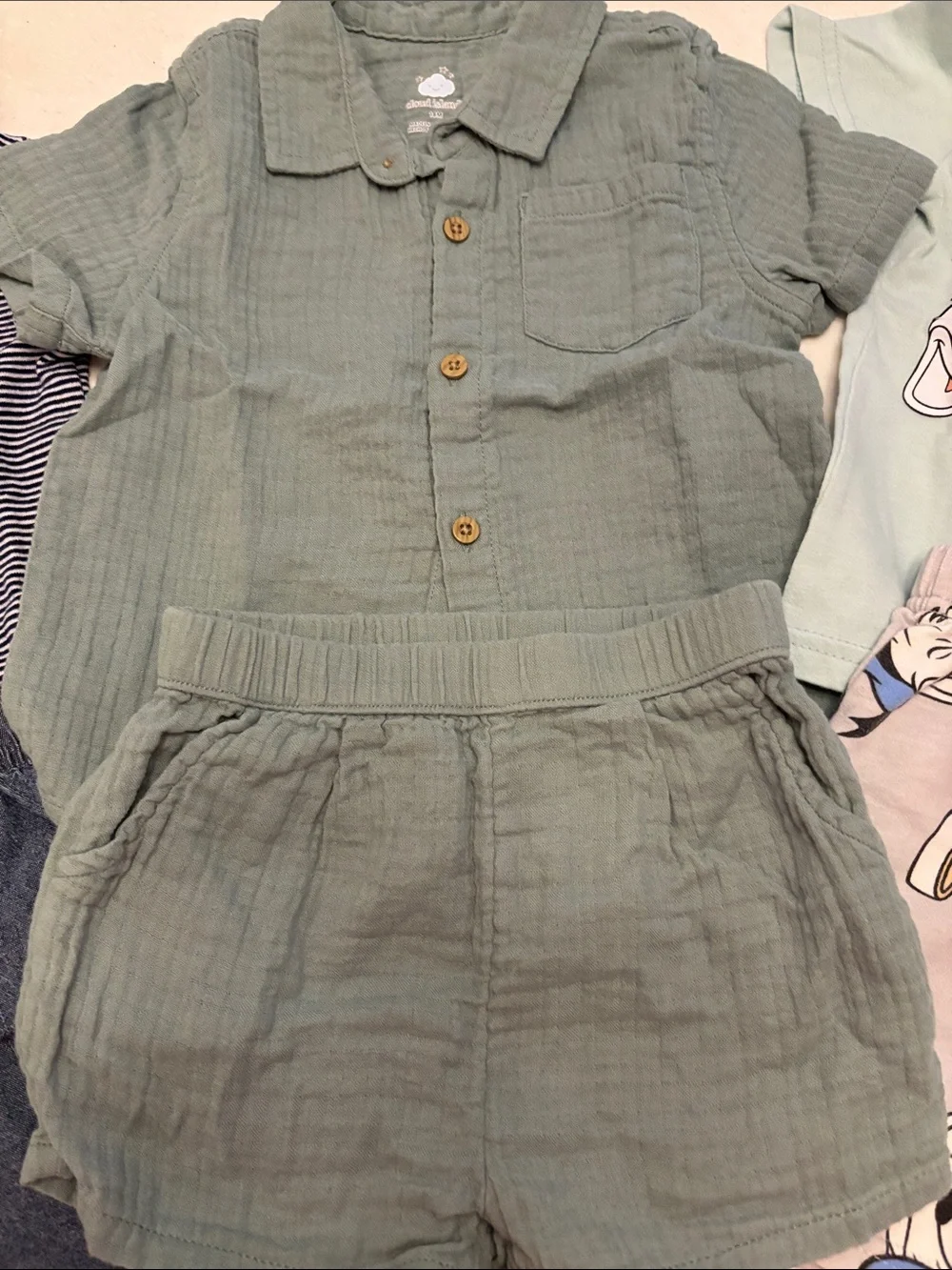 3 sets-Green Button-Up Shirt & Shorts Set, Mickey Set and Blue Stripe/Jean